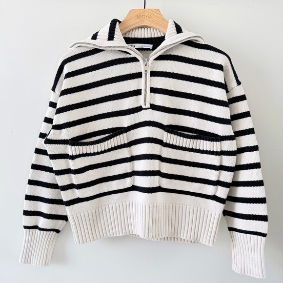 ZARA Striped Half Zip Knit Sweater Cropped Cotton Pullover Size S - Picture 3 of 11